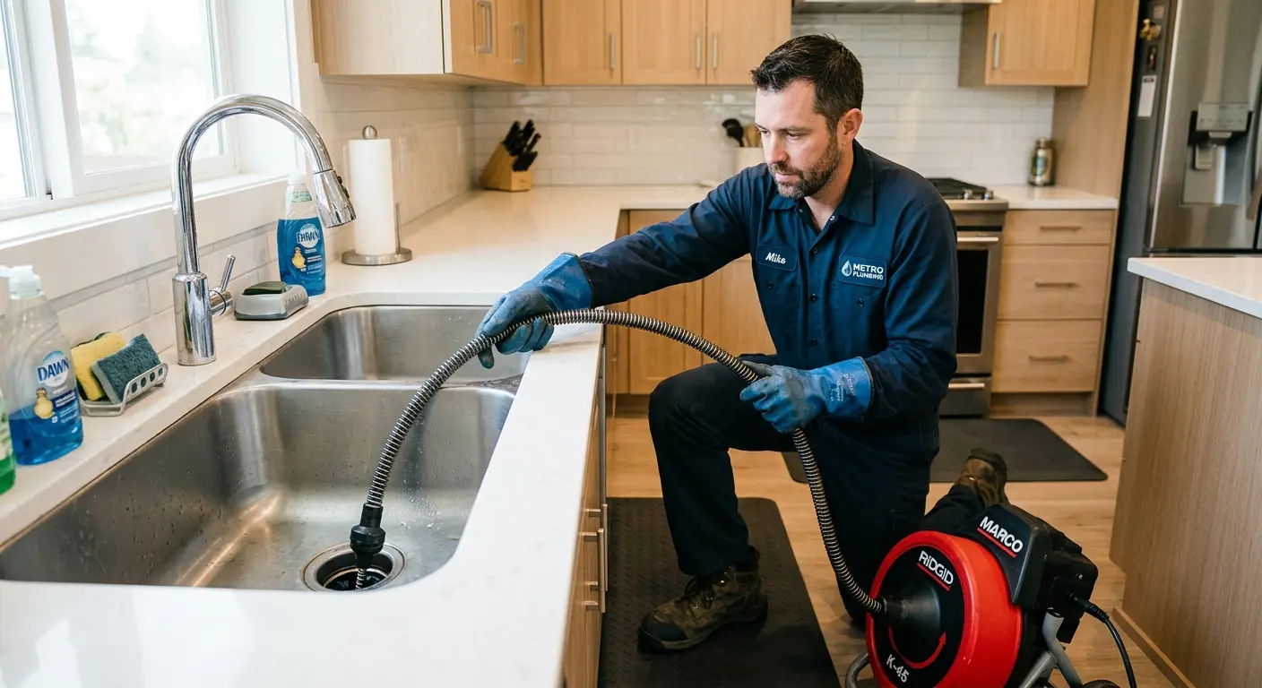 Drain cleaning technician using a motorized snake on a kitchen sink in Lacey