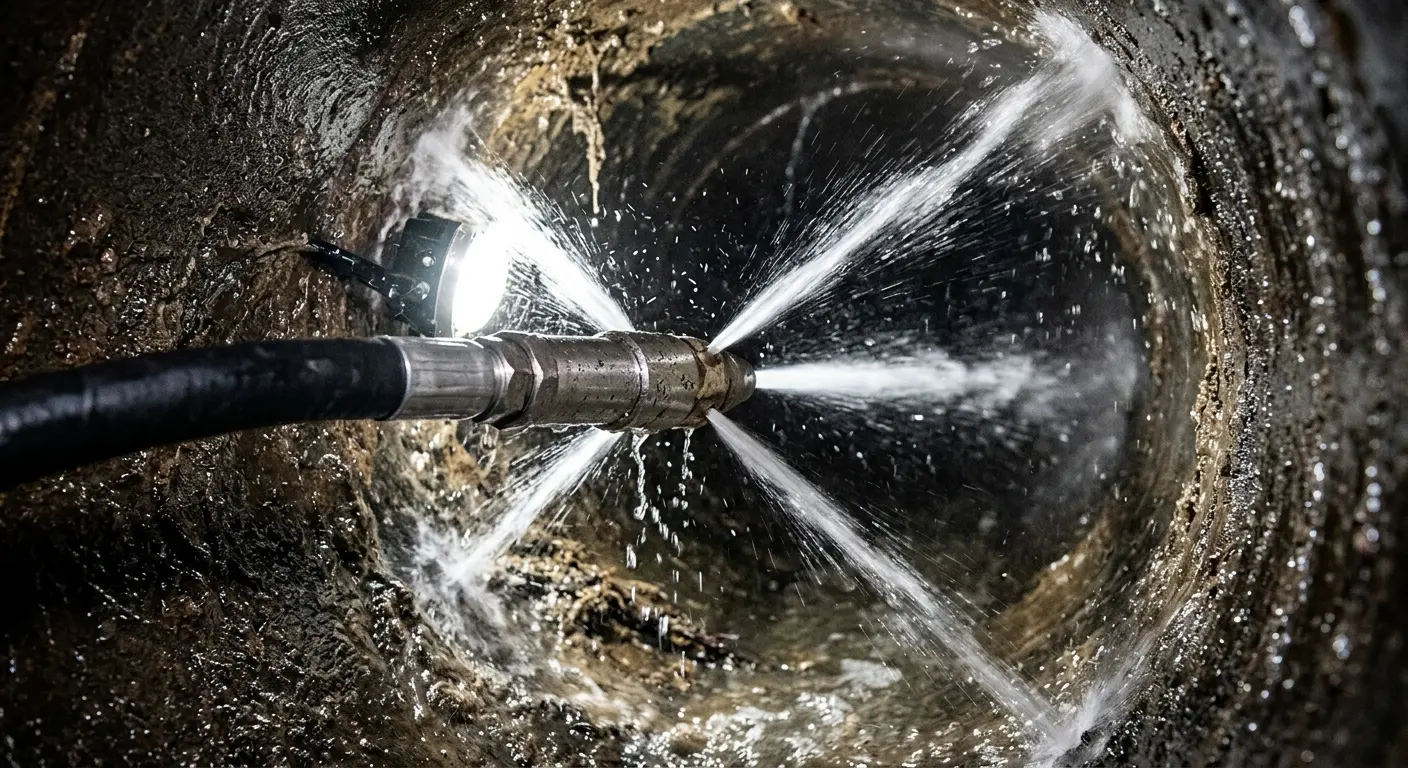 High-pressure hydro jetting nozzle cleaning sewer pipe for Trenchless Sewer Repair in Lacey