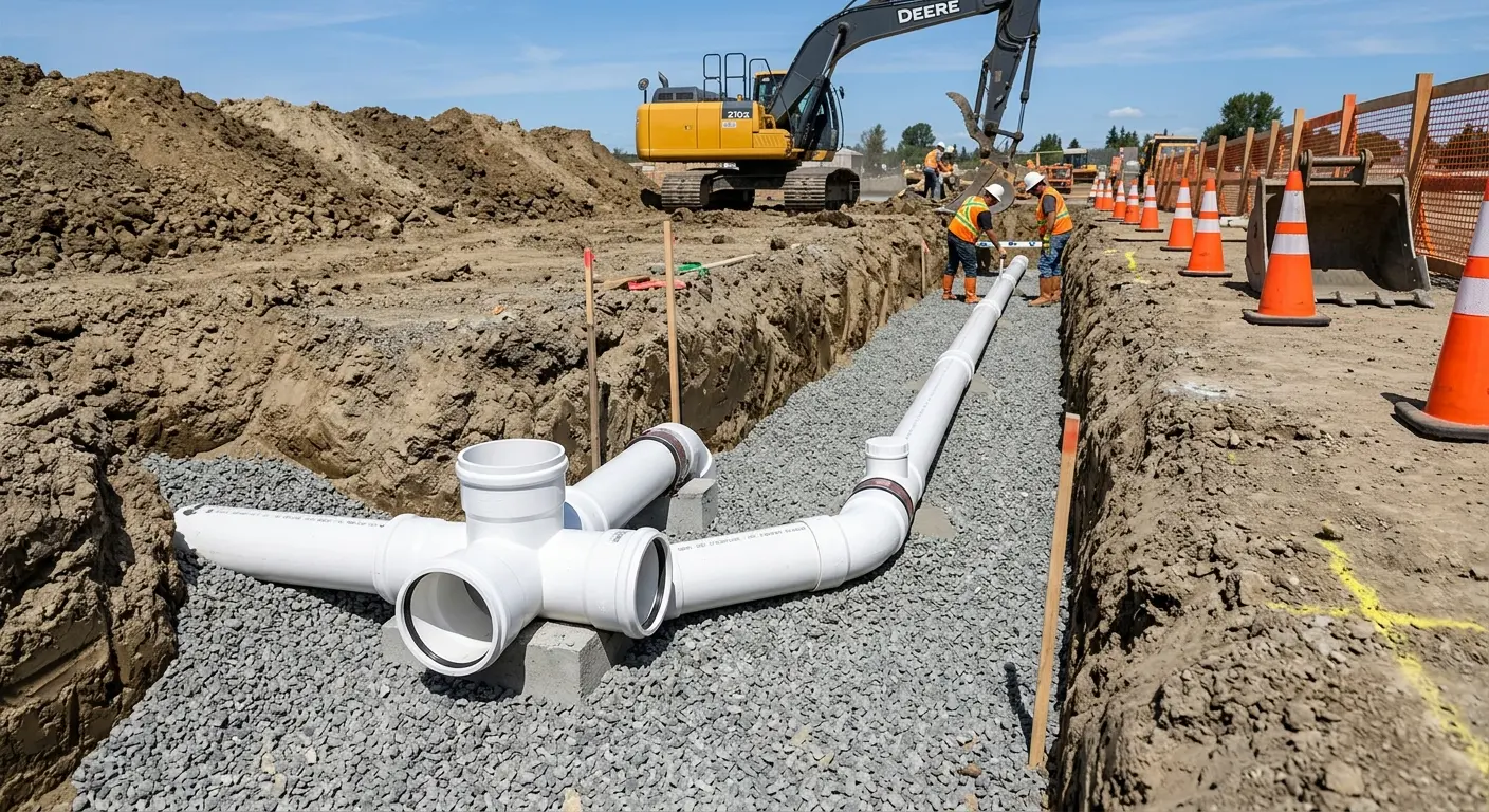 New PVC sewer pipe installation in open trench for Grease Trap Cleaning in Lacey