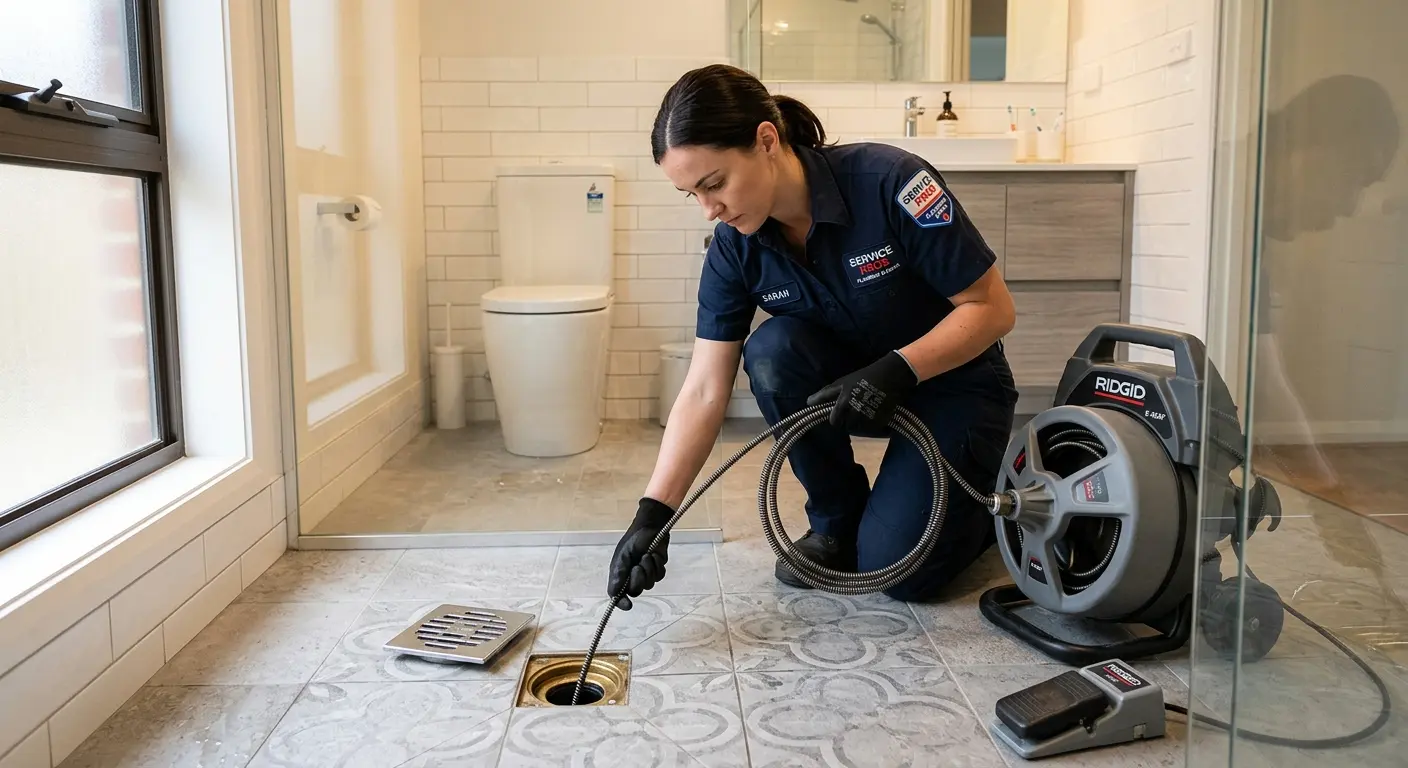 Technician clearing a bathroom floor drain for Drain Repair in Lacey